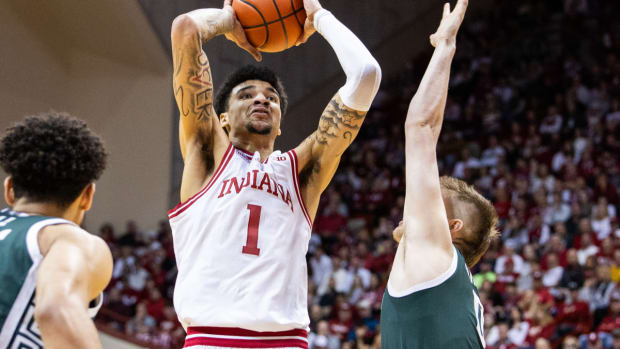 Indiana Hoosiers center Kel'el Ware (1) shoots the ball while Michigan State Spartans forward Jaxon Kohler (0) defends in the first half at Simon Skjodt Assembly Hall.